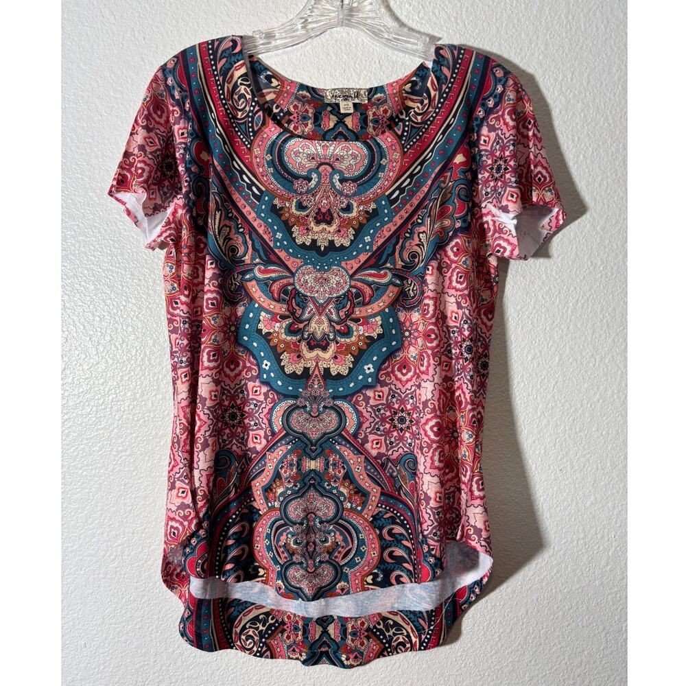 One World Women's Boho Top Size Petite S Multicolor Embellished High-Low Paisley